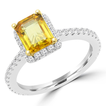 Emerald Cut Yellow Sapphire Multi-Stone 4-Prong Halo Engagement Ring with Round Diamond Accents in White Gold - #EVAN-EMERALD-YEL-SAPPHIRE-W