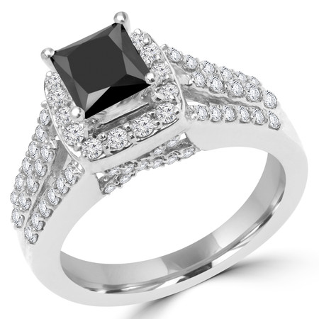 Princess Cut Black Diamond Multi-Stone 4-Prong Split-Shank Vintage Halo Engagement Ring with Round Diamond Accents in White Gold - #FRCF5270-PR-BLK-W