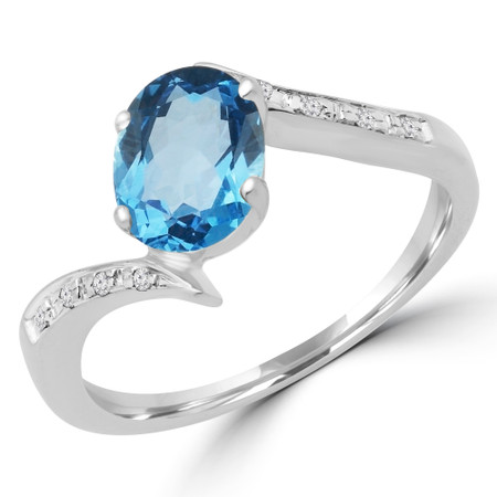 Oval Cut Blue Topaz Multi-Stone 4-Prong Engagement Bypass Ring with Round Diamond Accents in White Gold - #GNFX22-BLUE-W