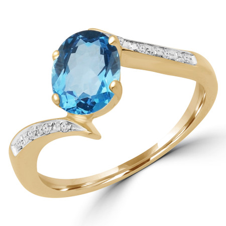 Oval Cut Blue Topaz Multi-Stone 4-Prong Engagement Bypass Ring with Round Diamond Accents in Yellow Gold - #GNFX22-BLUE-Y
