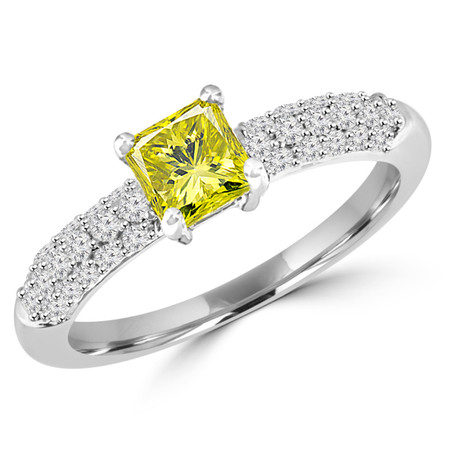Princess Cut Yellow Diamond Multi-Stone 4-Prong Engagement Ring with Round Diamond Pave Accents in White Gold - #HDR10070-PR-YEL-W