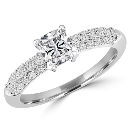 Cushion Cut Diamond Multi-Stone 4-Prong Engagement Ring with Round Diamond Pave Accents in White Gold - #HDR10070-CU-W