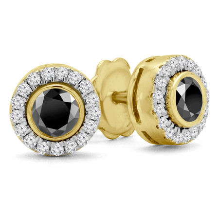 Round Cut Black Diamond Multi-Stone Bezel-Set Halo Vintage Stud Earrings with Round Diamond Accents in Yellow Gold - #HE4892-BIG-BLK-Y