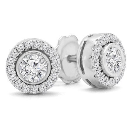Round Cut Diamond Multi-Stone Bezel-Set Halo Vintage Stud Earrings with Round Diamond Accents in White Gold - #HE4892-BIG-W