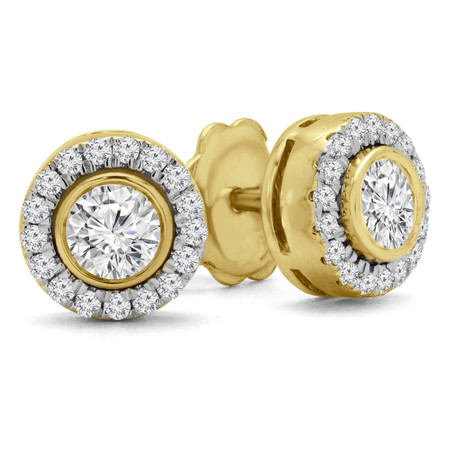 Round Cut Diamond Multi-Stone Bezel-Set Halo Vintage Stud Earrings with Round Diamond Accents in Yellow Gold - #HE4892-BIG-Y