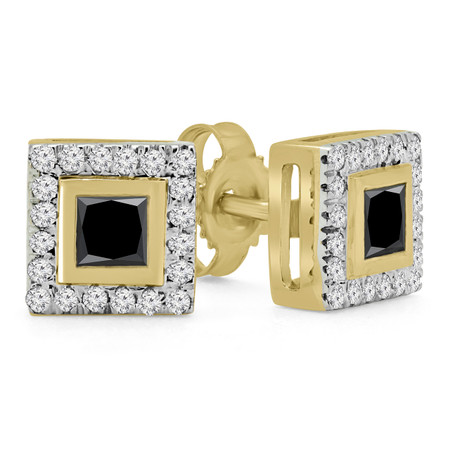 Princess Cut Black Diamond Multi-Stone Bezel-Set Halo Vintage Stud Earrings with Round Diamond Accents in Yellow Gold - #HE4892-PR-BLK-Y