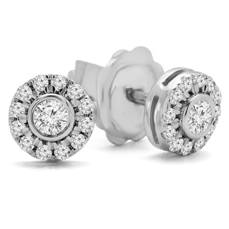 Round Cut Diamond Multi-Stone Bezel-Set Halo Vintage Stud Earrings with Round Diamond Accents in White Gold - #HE4892-SM-W