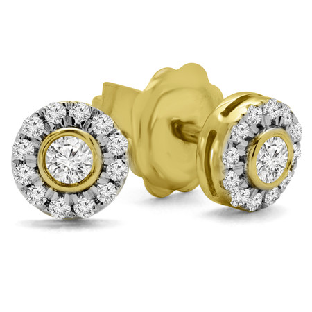 Round Cut Diamond Multi-Stone Bezel-Set Halo Vintage Stud Earrings with Round Diamond Accents in Yellow Gold - #HE4892-SM-Y