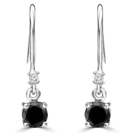Round Cut Black Diamond Multi-Stone 4-Prong Drop Dangle Earrings with Round Diamond Accent in White Gold - #HE4894-BLK-W