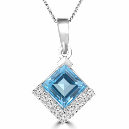 Emerald Cut Blue Topaz Multi-Stone Pendant Necklace with Round White Diamond Accents With Chain in White Gold - #HP4624-EMERALD-BLUE-TOPAZ-W