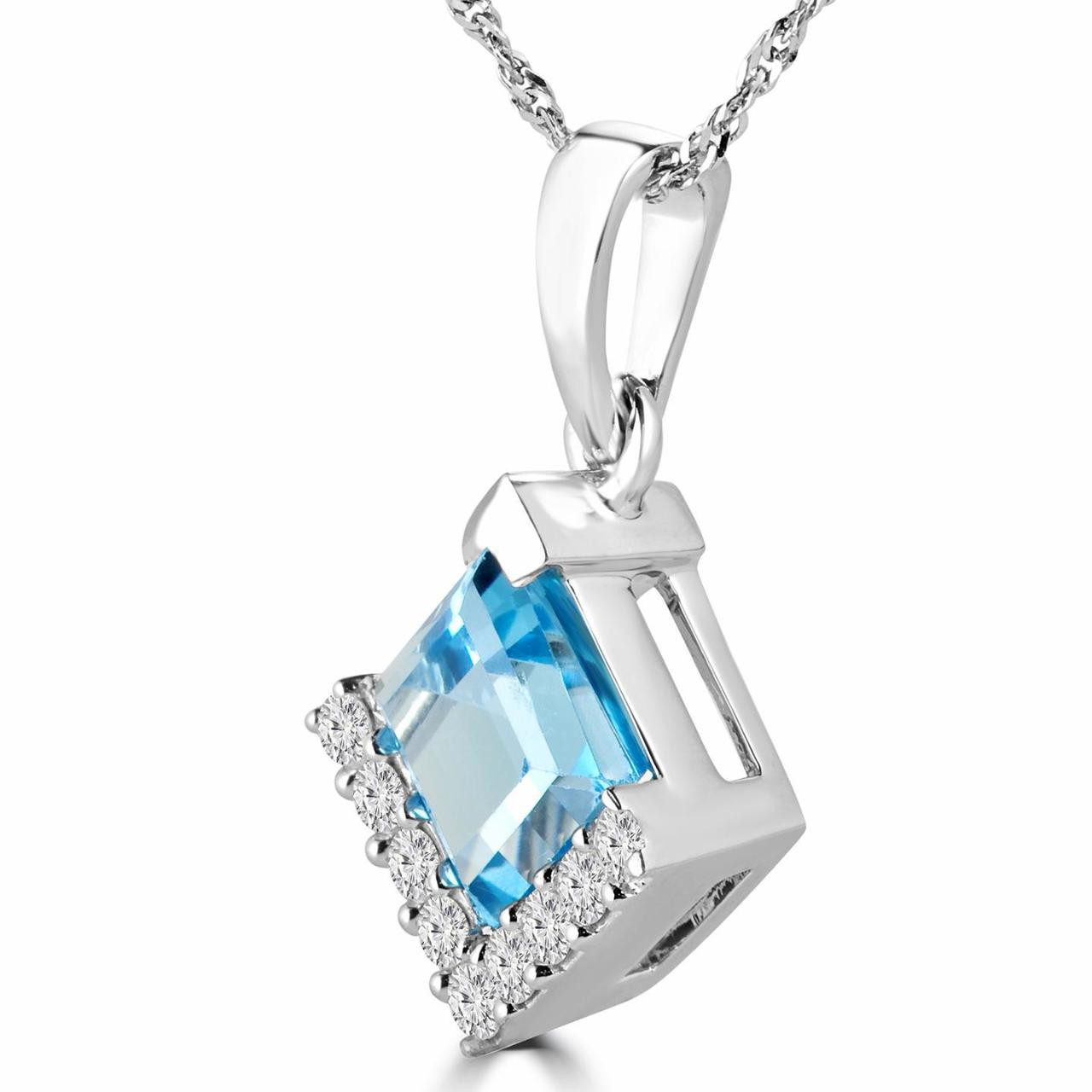 Emerald Cut Blue Topaz Multi-Stone Pendant Necklace with Round White