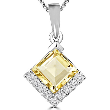 Emerald Cut Yellow Citrine Multi-Stone Pendant Necklace with Round White Diamond Accents With Chain in White Gold - #HP4624-EMERALD-YELLOW-CITRINE-W