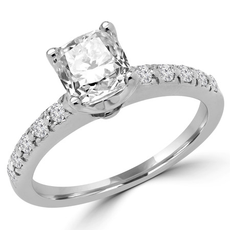 Cushion Cut Diamond Multi-Stone 4-Prong Engagement Ring with Round Diamond Accents in White Gold - #HR10360-CU-W