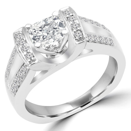 Cushion Cut Diamond Multi-Stone Split-Shank 4-Prong Vintage Engagement Ring with Round Diamond Accents in White Gold - #HR3656-CU-W