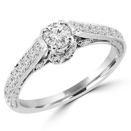 Round Cut Diamond Multi-Stone 4-Prong Vintage Engagement Ring with Round Diamond Accents in White Gold - #HR3859-W