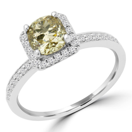 Cushion Cut Champagne Diamond Multi-Stone 4-Prong Vintage Halo Engagement Ring with Round Diamond Accents in White Gold - #HR4435-CU-CHM-W