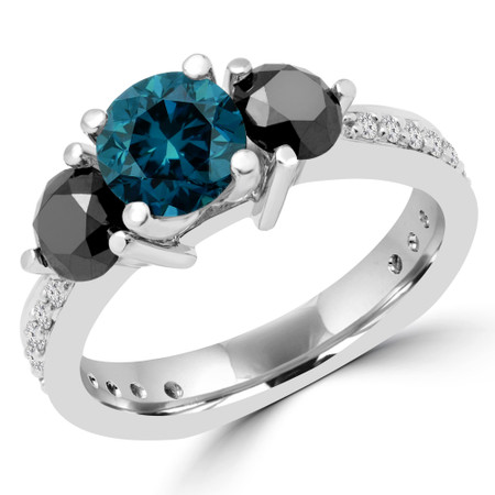 Round Cut Blue and Black Diamond Three-Stone 4-Prong Engagement Ring with Round Diamond Accents in White Gold - #HR4683-BLUE-BLK-W