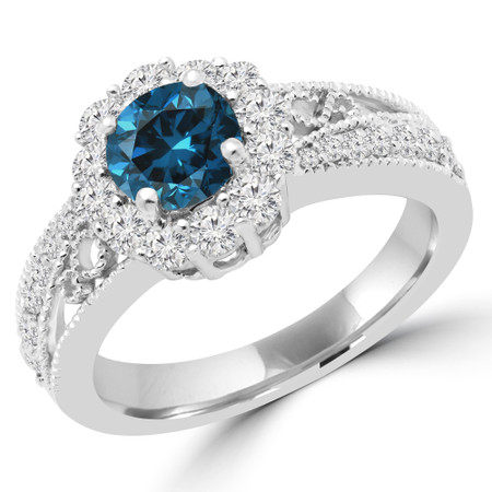 Round Cut Blue Diamond Multi-Stone Split-Shank 4-Prong Vintage Trellis-Halo Engagement Ring with Round Diamond Accents in White Gold - #HR4743-BLUE-W
