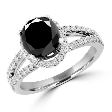 Oval Cut Black Diamond Multi-Stone Split-Shank 4-Prong Halo Vintage Engagement Ring with Round Diamond Accents in White Gold - #HR6196-OV-BLK-W
