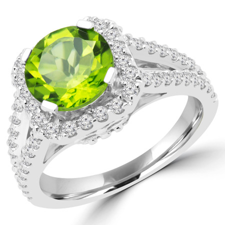 Round Cut Green Peridot Multi-Stone Split-Shank 4-Prong Halo Vintage Engagement Ring with Round White Diamond Accents in White Gold - #HR6200-GREEN-PERIDOT-W