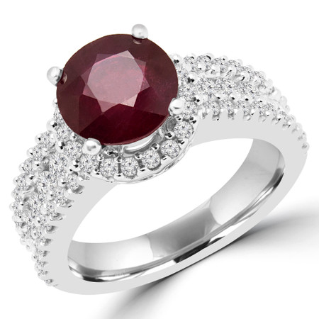 Round Cut Red Ruby Multi-Stone 4-Prong Vintage Cathedral Style Halo Engagement Ring with Round Diamond Accents in White Gold - #HR6201-RED-RUBY-W
