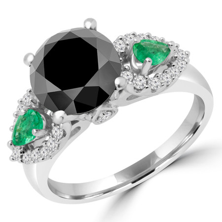 Round Cut Black Diamond & Pear Cut Green Emerald Three-Stone 4-Prong Engagement Ring with Round White Diamond Accents in White Gold - #HR6214-BLK-GREEN-W