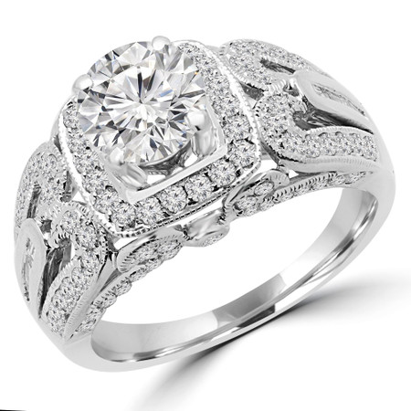 Round Cut Diamond Multi-Stone 4-Prong Vintage Halo Engagement Ring with Round White Diamond Accents in White Gold - #HR6216-A-W