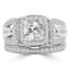 Cushion Cut Diamond Multi-Stone 4-Prong Vintage Halo Engagement Ring & Wedding Band Bridal Set with Round White Diamond Accents in White Gold - #HR6216-A-B-CU-W