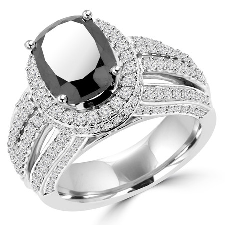 Oval Cut Black Diamond Multi-Stone 4-Prong Vintage Halo Engagement Ring with Round Diamond Accents in White Gold - #HR6254-OV-BLK-W