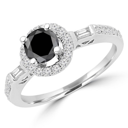Round Cut Black Diamond Multi-Stone 4-Prong Vintage Halo Engagement Ring with Baguette & Round Cut Diamond Accents in White Gold - #HR6353-BLK-W