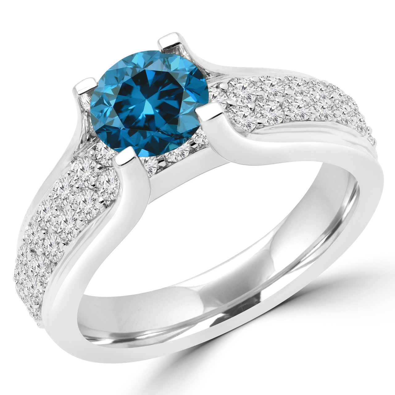 Round Cut Blue Diamond Multi-Stone High-Set 4-Prong Engagement Ring ...