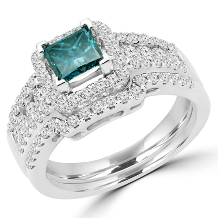 Princess Cut Blue Diamond Multi-Stone V-Prong Vintage Halo Engagement Ring with Round Prong & Channel-Set Diamond Accents in White Gold - #HR6533-A-B-PRINCESS-BLUE-W