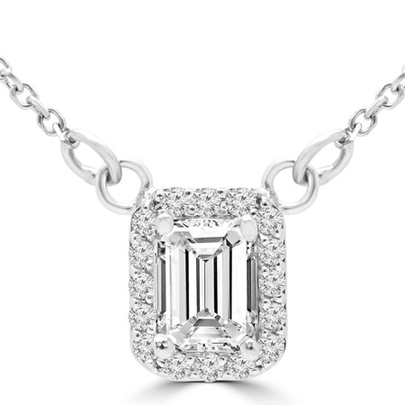 Emerald Cut Diamond Multi-Stone 4-Prong Halo Necklace Pendant with Round Cut Diamond Accents and Chain in White Gold - #IEHT0084P-W