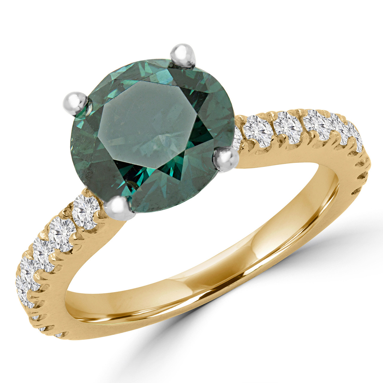 Round Cut Green Diamond MultiStone 4Prong Engagement Ring with Round