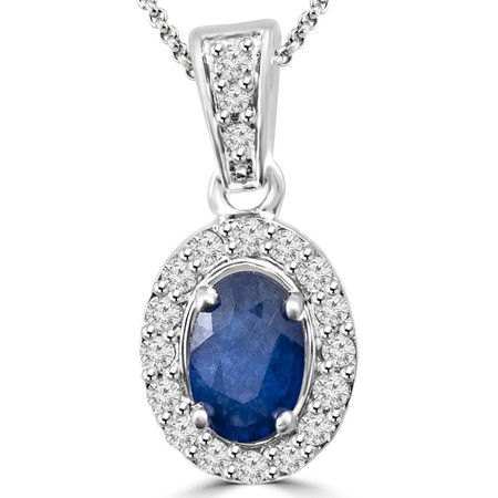 Oval Cut Blue Sapphire Multi-Stone 4-Prong Halo Pendant Necklace with Round White Diamond Accents & Chain in White Gold - #IPHH3505-OVAL-BLUE-SAPPHIRE-W