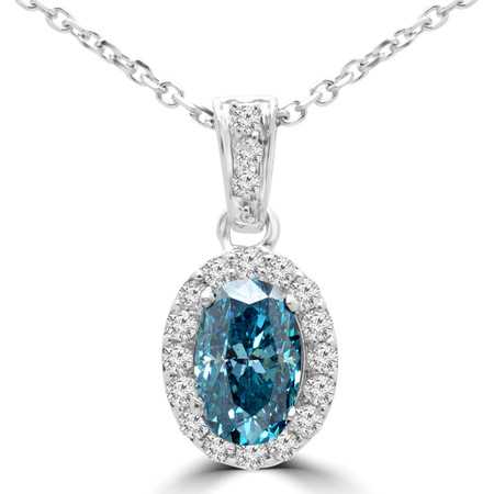 Oval Cut Blue Diamond Multi-Stone 4-Prong Halo Pendant Necklace with Round White Diamond Accents & Chain in White Gold - #IPHH3505-OVAL-BLUE-W