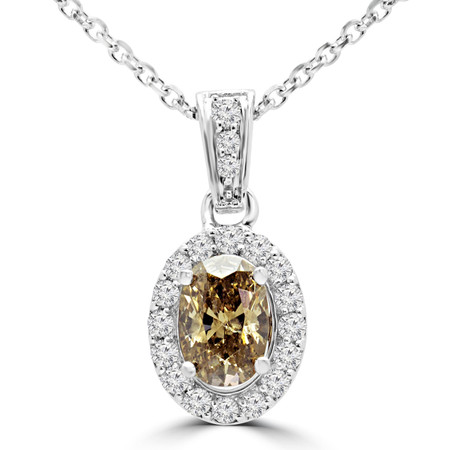 Oval Cut Champagne Diamond Multi-Stone 4-Prong Halo Pendant Necklace with Round White Diamond Accents & Chain in White Gold - #IPHH3505-OVAL-CHM-W
