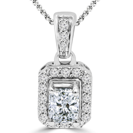 Radiant Cut Diamond Multi-Stone 4-Prong Halo Pendant Necklace with Round White Diamond Accents & Chain in White Gold - #IPHH5143-RADIANT-BLUE-W