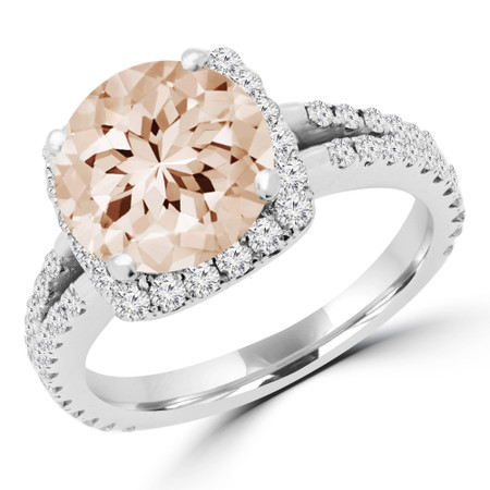 Round Cut Pink Morganite Multi-Stone 4-Prong Halo Engagement Ring with Round Diamond Accents in White Gold - #KAREN-PINK-MORGANITE-W