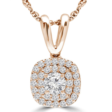 Round Cut Diamond Multi-Stone Double Halo Pendant Necklace With Chain in Rose Gold - #MAJESTY-P12-R