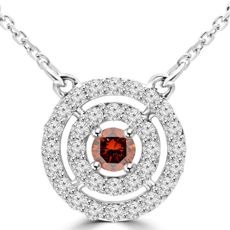 Round Cut Red Diamond Multi-Stone Double Halo Pendant Necklace With Chain in White Gold - #MAJESTY-P14-RED-W