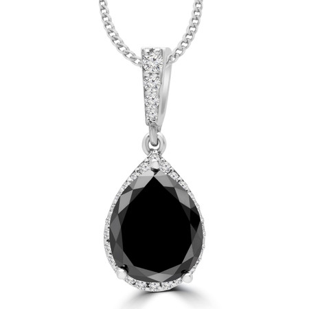 Pear Cut Black Diamond Multi-Stone Antique Vintage 3-Prong Pendant Necklace With Round Accents and Chain in White Gold - #MAJESTY-P1-BLK-W