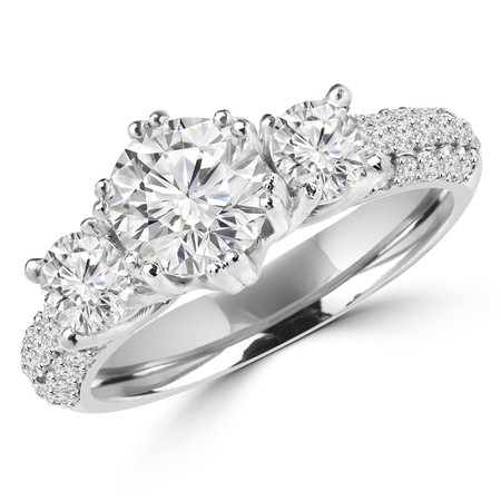 Round Cut Diamond Three-Stone Double-Prong Engagement Ring with Round Diamond Accents in White Gold - #MD-0004-W