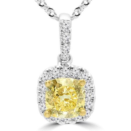 Cushion Cut Yellow Diamond Multi-Stone Halo Pendant Necklace With Chain in White Gold - #P-8440-CU-YELLOW-W