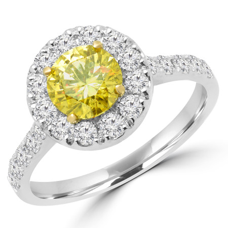 Round Cut Yellow Diamond Multi-Stone 4-Prong Halo Engagement Ring with Round Diamond Accents in White Gold - #PAULO-MAJ10-YEL-W