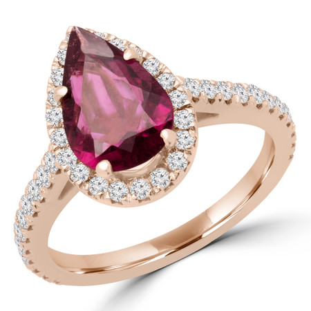 Pear Cut Pink Tourmaline Gemstone Multi-Stone 4-Prong Halo Engagement Ring with Round White Diamond Accents in Rose Gold - #PEARY-R