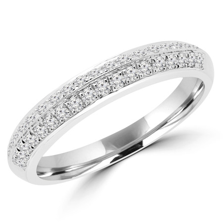 Round Cut Diamond Multi-Stone Two-Row Shared-Prong Wedding Band Ring in White Gold - #R00345-W