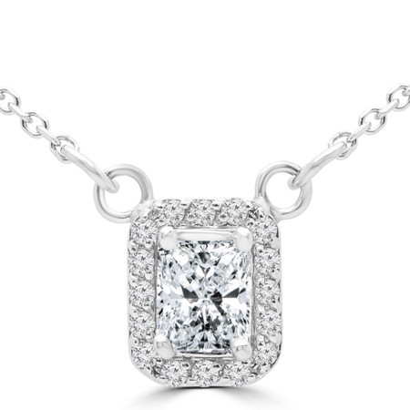 Radiant Cut Diamond Multi-Stone 4-Prong Halo Pendant Necklace with Round White Diamond Accents & Chain in White Gold - #SINGLESTUD-RADIANT-W