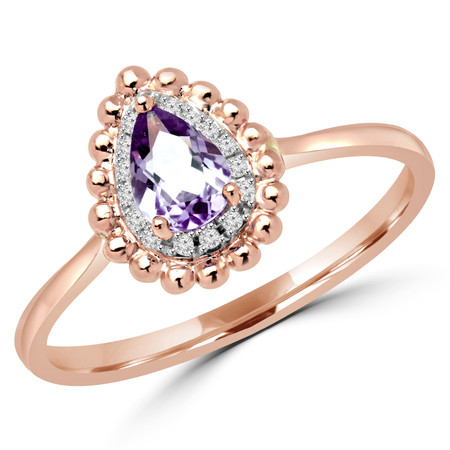 Pear Cut Purple Amethyst Gemstone Multi-Stone 4-Prong Halo Engagement Ring with Round White Diamond Accents in Rose Gold - #SKD2111991-R