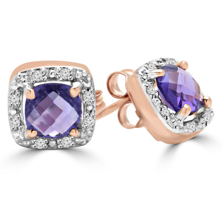 Cushion Cut Purple Amethyst Multi-Stone 4-Prong Halo Stud Earrings with Round White Diamond Accents in Rose Gold - #SKE15602-CUSHION-PURPLE-AMETHYST-R